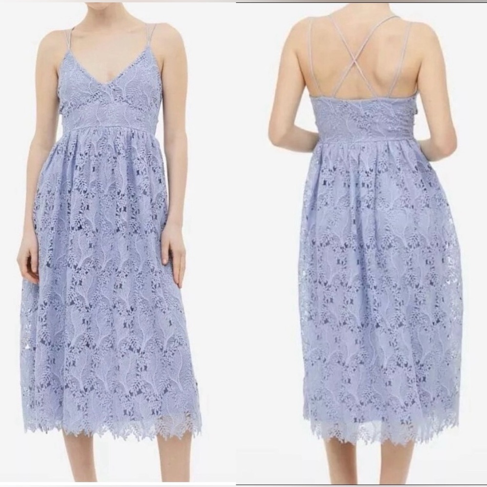 Light Blue H&M V-Neck Floral Lace Midi Dress, Size M/8